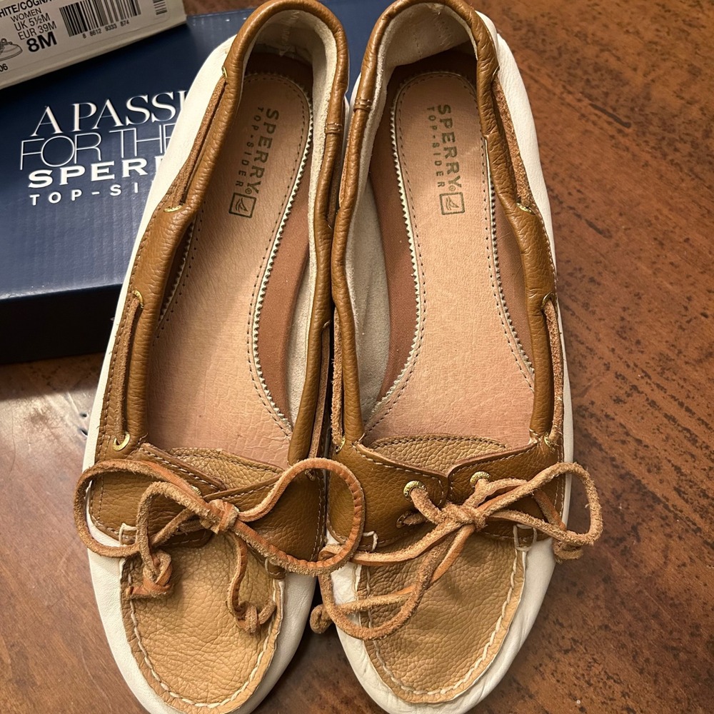 Sperry Top-Sider Audrey Boat Shoes White Cognac Sand Leather Loafers Womens 8M - Picture 13 of 14